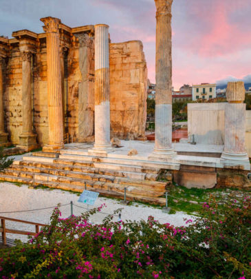 Remains of Hadrian's Library in the old town of Athens, Greece.
